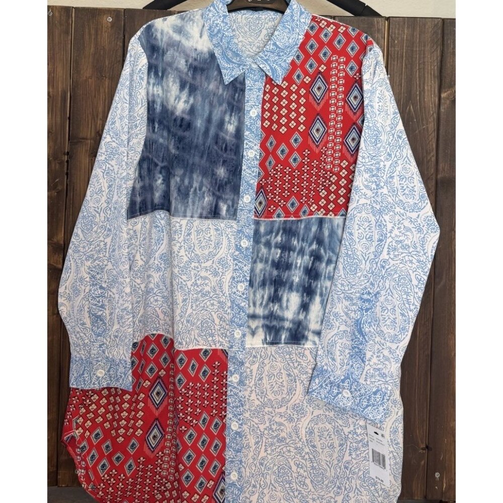 Calessa LARGE Patchwork Print Tunic Collared 3/4 Sleeve Button Front Blouse NWT